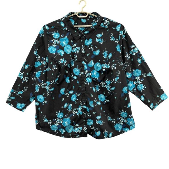 Roamans Floral Top Womens Black Blue Long Sleeve Button Down Shirt Size 40W - Picture 1 of 9